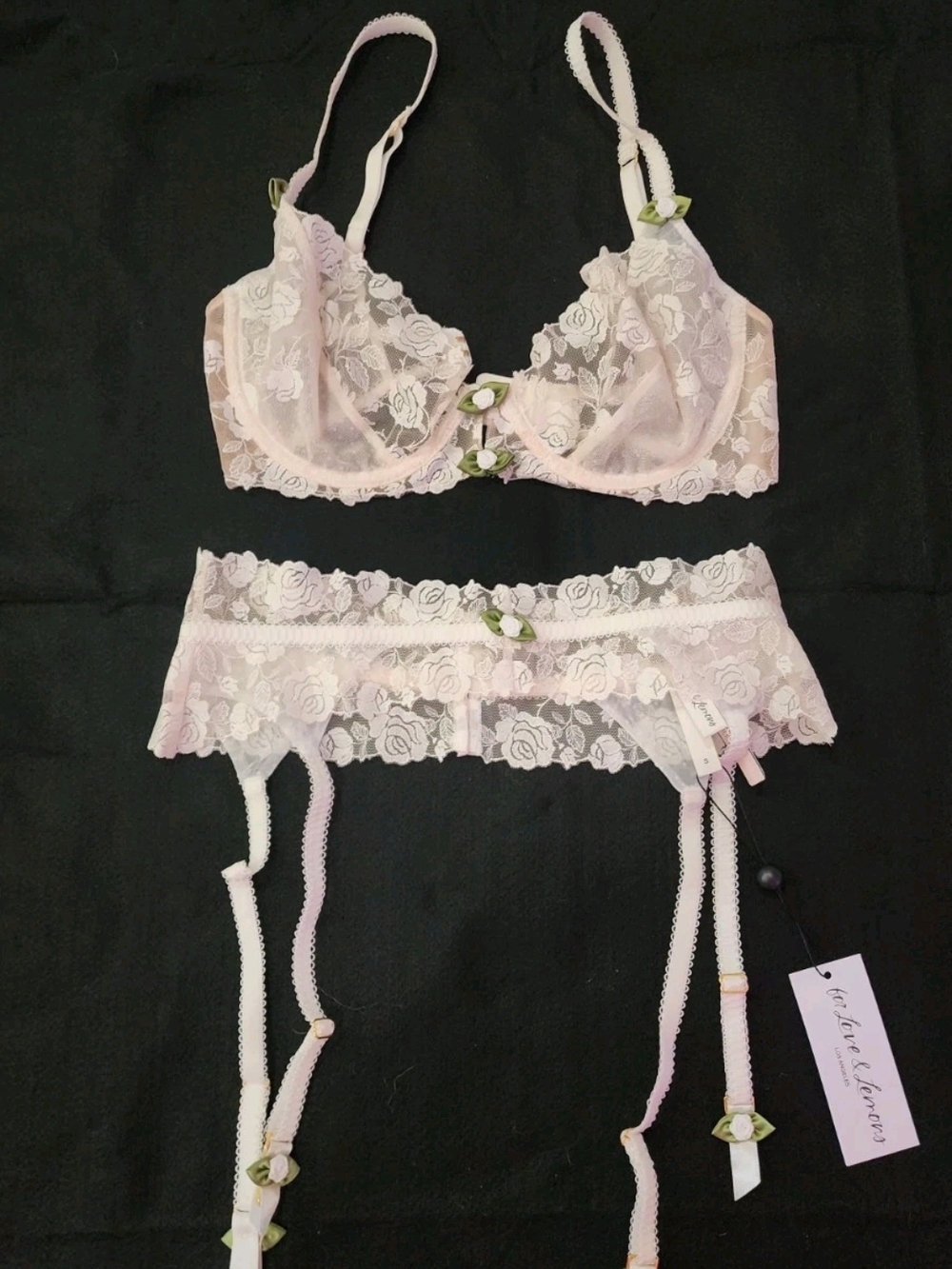 Victoria'a Secret for Love & Lemons White Lace Set, S-DD Bra, XS-S Garter